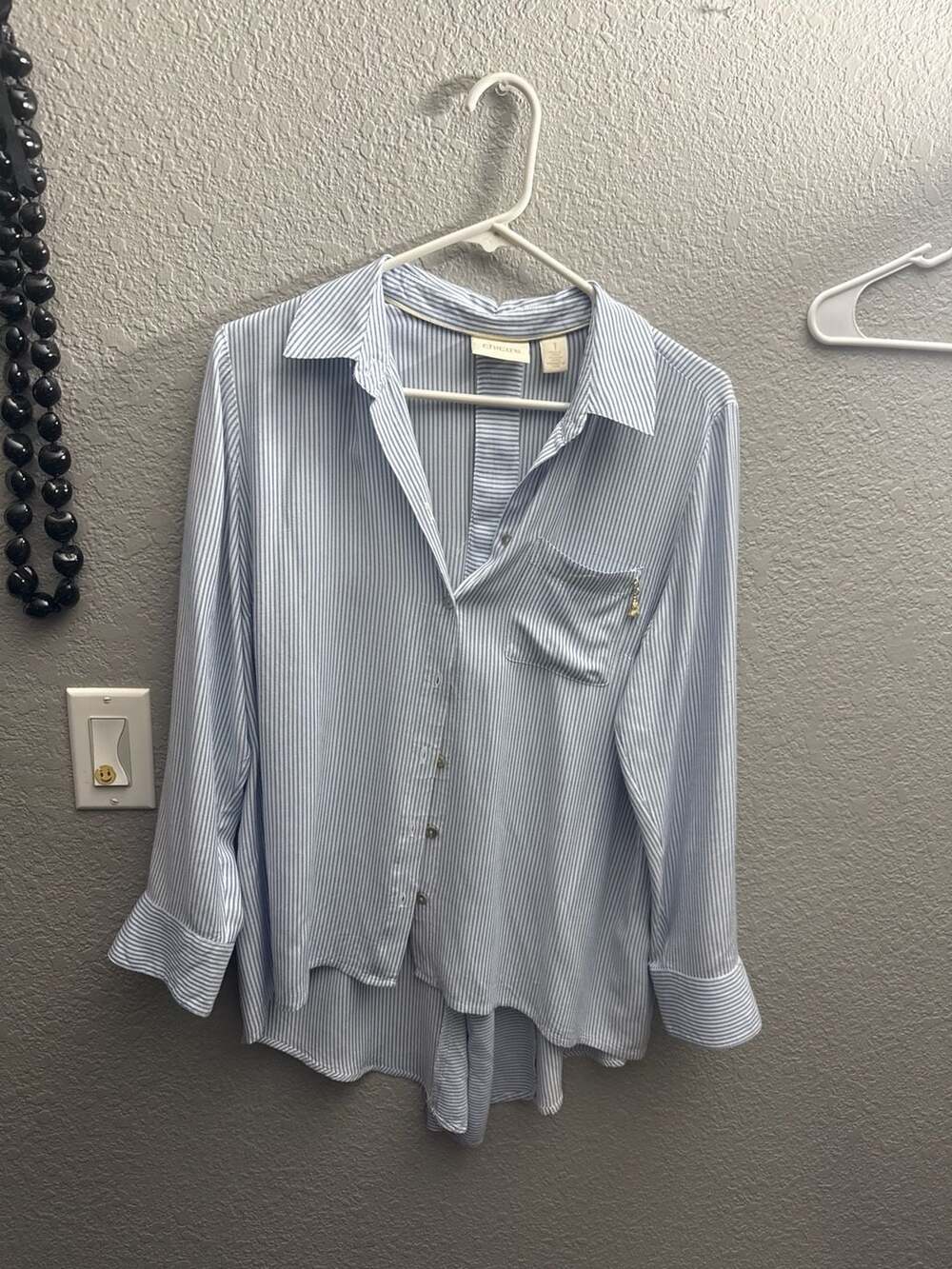Chico's Blue & White Striped High-Low Button-Up Shirt with Tassel Detail - Size
